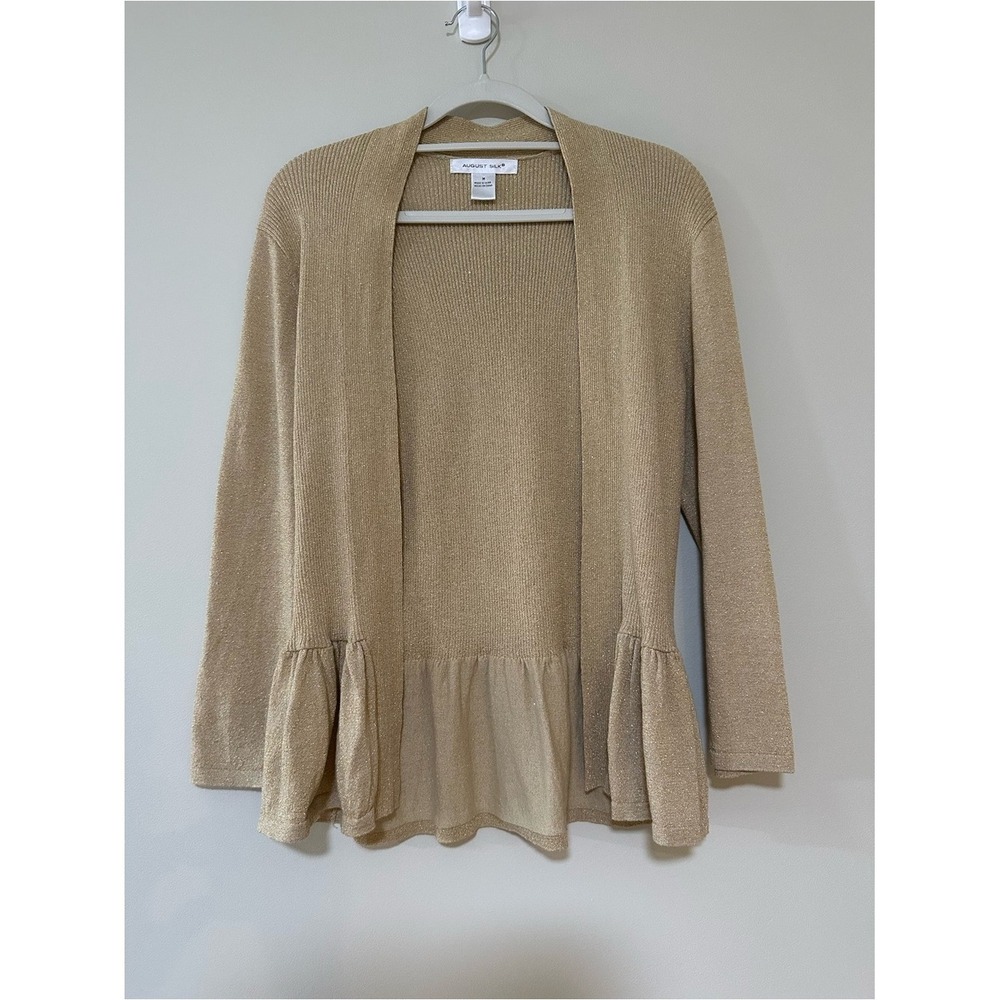 Metallic Holiday Glam August Silk Ruffle Hem Cardigan M Gold Open Front Knit